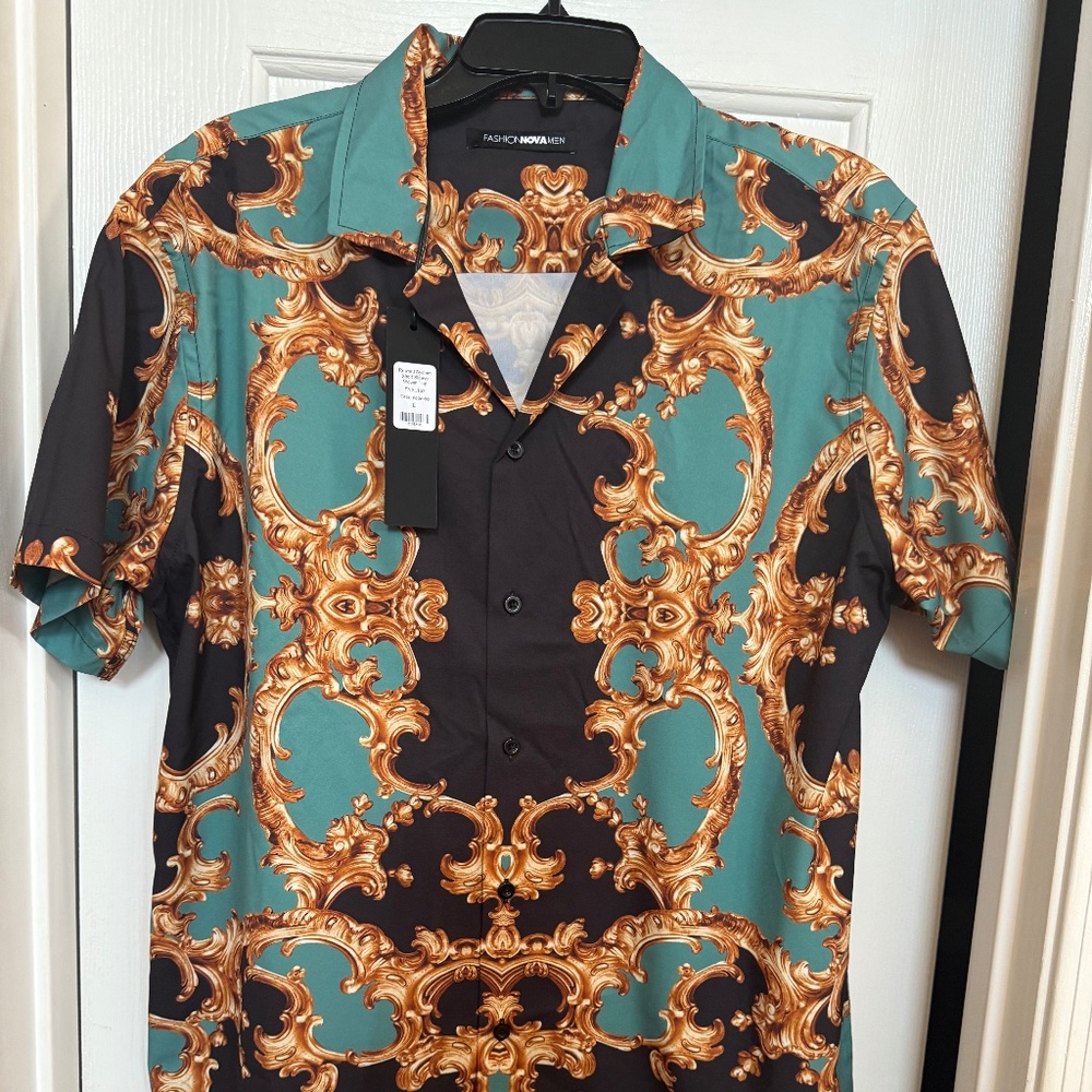 Fashion Nova Men Green Abstract Woven Shirt SZ L.